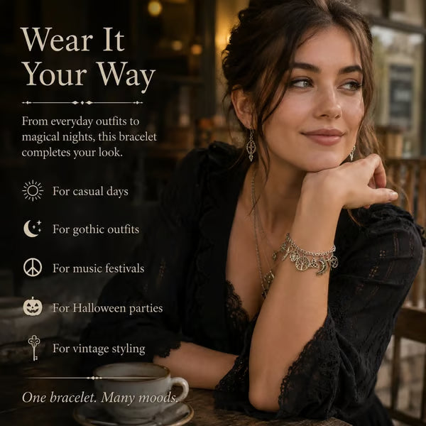 🌙 Vintage Witchy Charm Bracelet – Mystical Celestial Jewelry For Everyday Magic