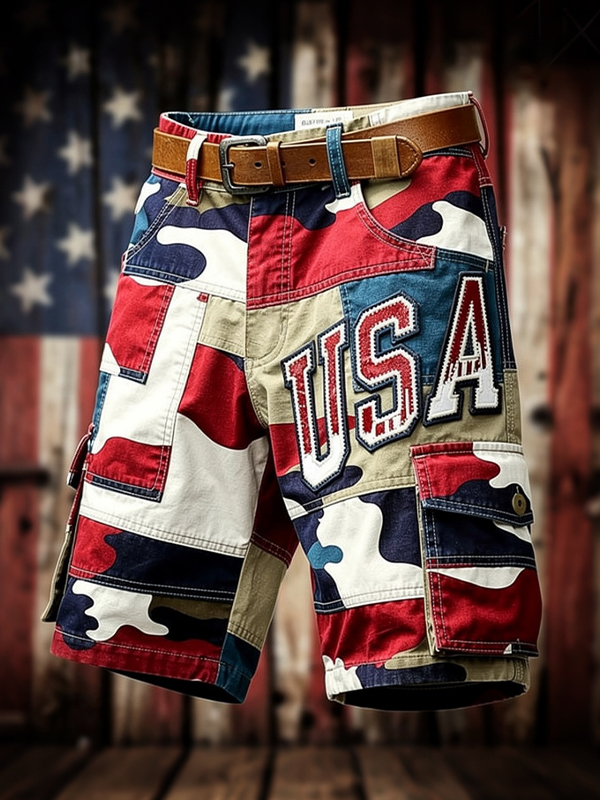 Men's USA Retro Colored Camo Print Cargo Shorts