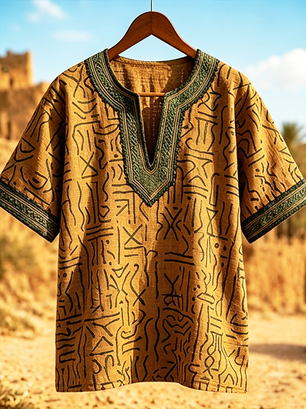 Men's Vintage Egyptian Hieroglyph Print Casual Notch Neck T-Shirt