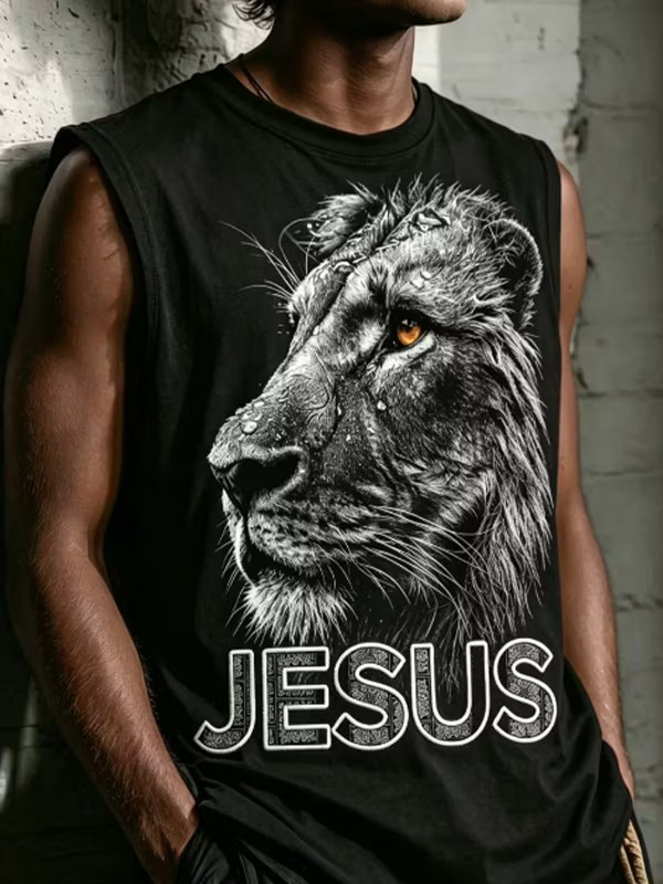 Men's Lion Jesus Print Casual Tank Top