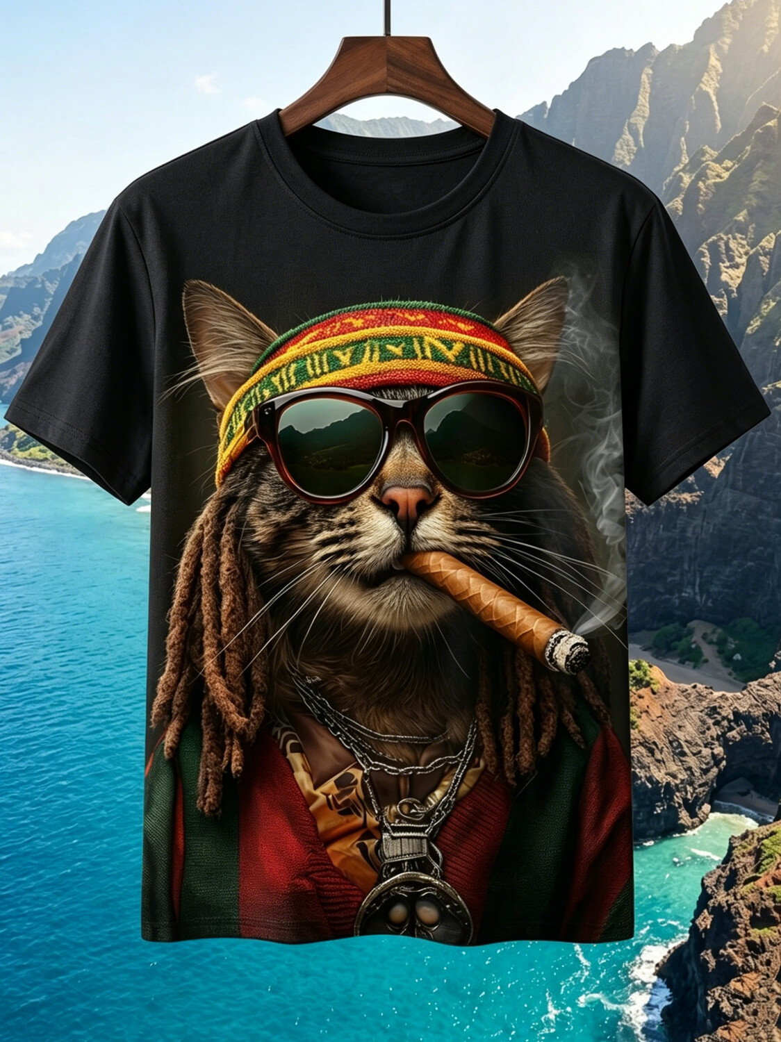 Men's Afro Cat Smoking Cigarette Print Casual T-Shirt