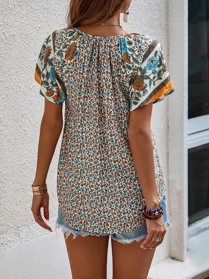 Women's Resort Style Bohemian Print V-Neck Short Sleeve Shirt