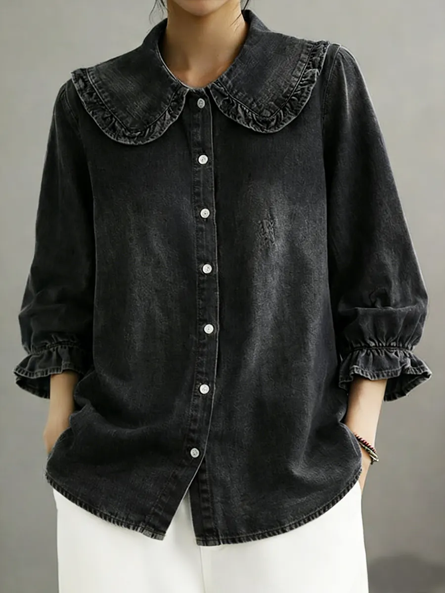 Women's Peter Pan Collar Denim Cotton Shirt