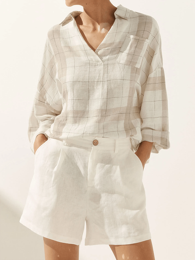 Women's Plaid V-Neck Pocket Patchwork Loose Casual Long-Sleeved Top