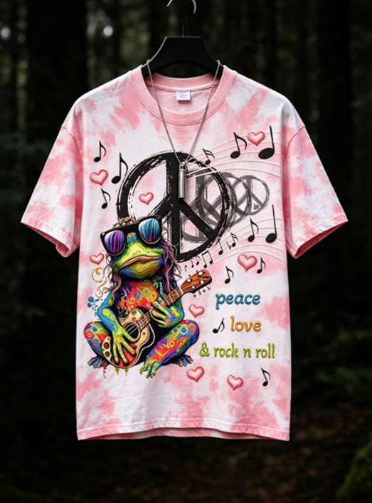 Men's Hippie Frog Peace Love Rock And Roll Art Print Casual T-Shirt