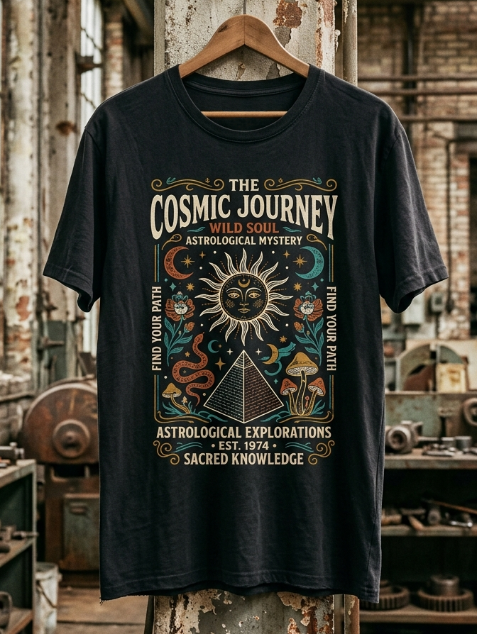 Men's Mystery Art Sun The Cosmic Journey Print Cotton Casual T-Shirt