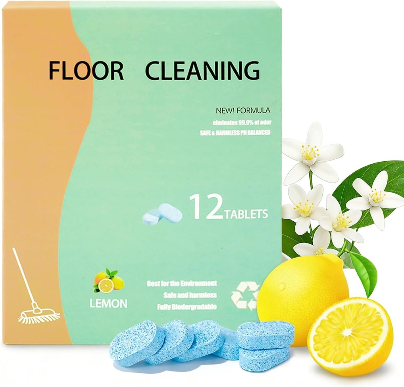 12pcs Floor Cleaning Solution Tablet Deep Cleans for Multiple Hard Floors, Tile and Vinyl Floors，Suitable With All Mop Cleaner lemon Scent