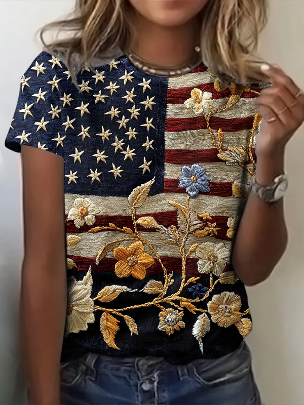 Women's Independence Day Flag Retro Floral Print Casual T-Shirt