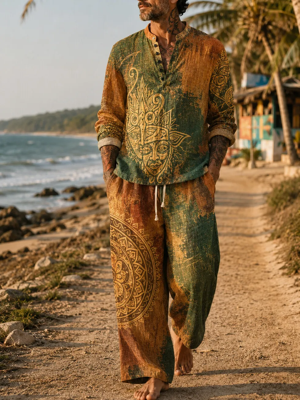 Men's Vintage Tribal Face Gradient Print Half Button Long Sleeve Shirt Pants 2pcs Set