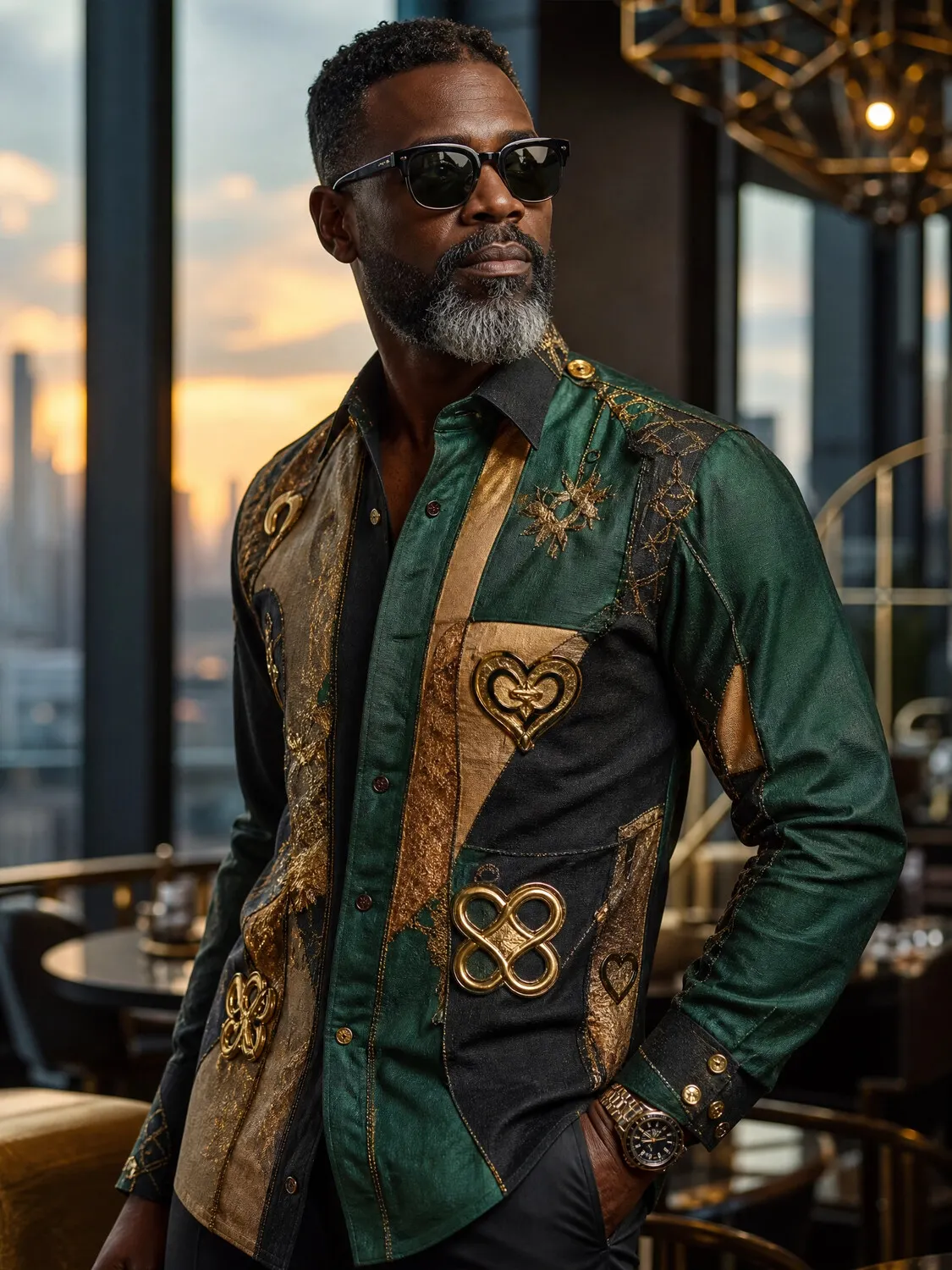 Men's Patchwork Embossed Celtic Knot Heart Scroll Embroidery Print Long Sleeve Shirt
