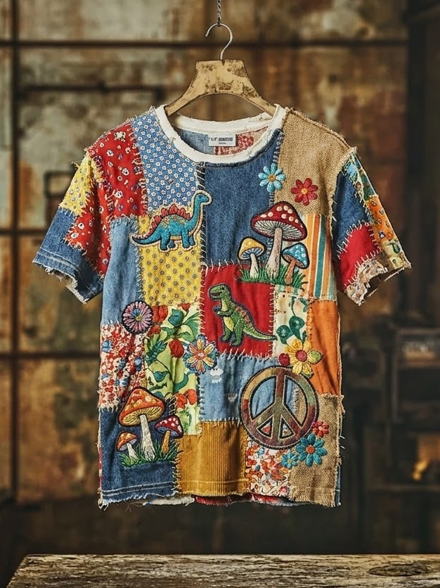 Men's Dinosaur Ditsy Floral Peace Mushroom Colorblock Stitching Print Casual T-Shirt