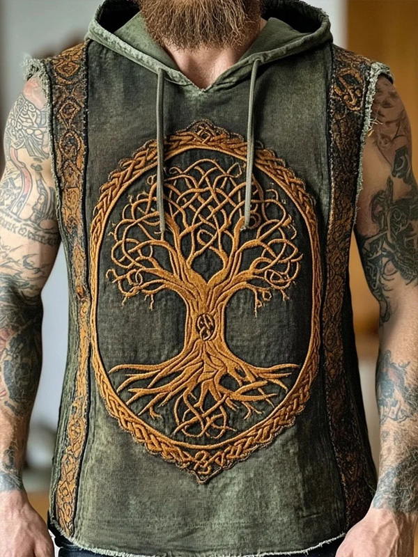 Men's Viking Yggdrasil Tree Of Life Celtic Knot Print Hooded Tank Top