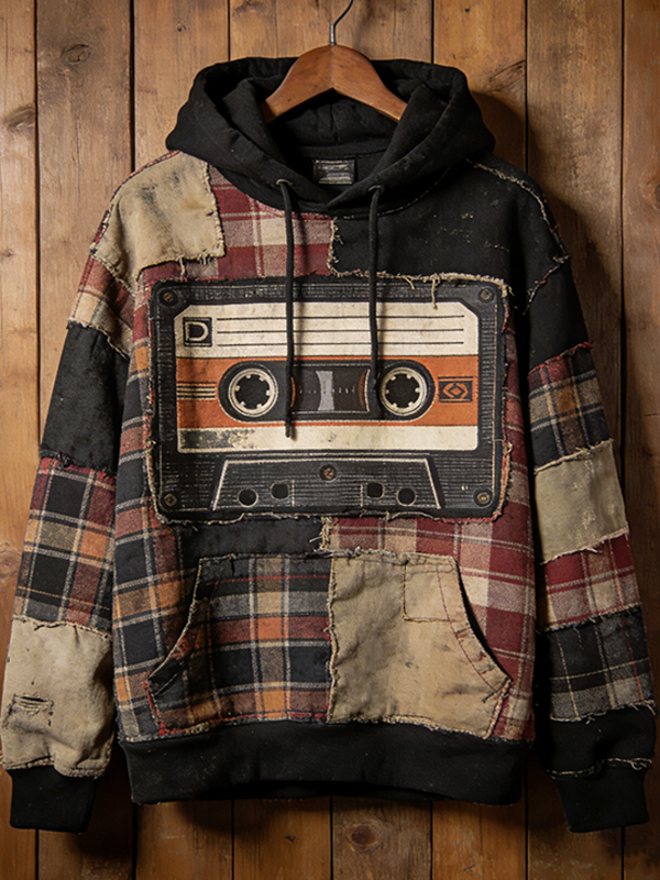 Men's Retro Cassette Tape Plaid Patchwork Art Print Casual Hoodie