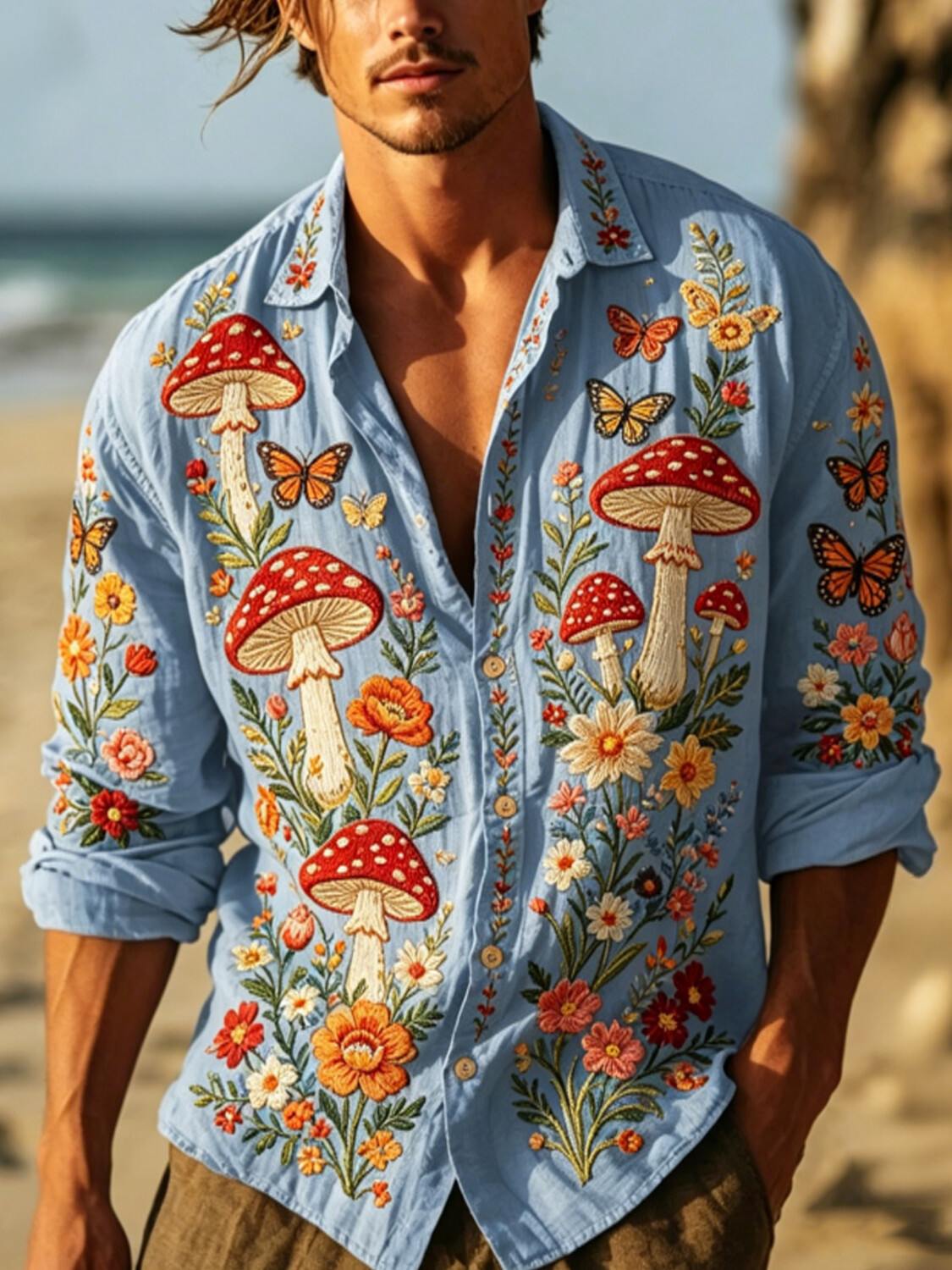 Men's Goblin Mushroom Butterfly Hippie Art Print Long Sleeve Shirt