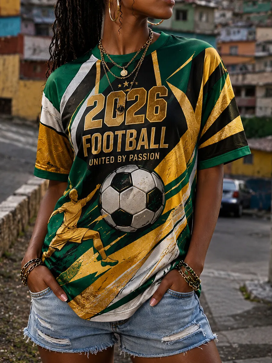 Women's Geometric 2026 Football Soccer Vintage Art Print Casual T-Shirt