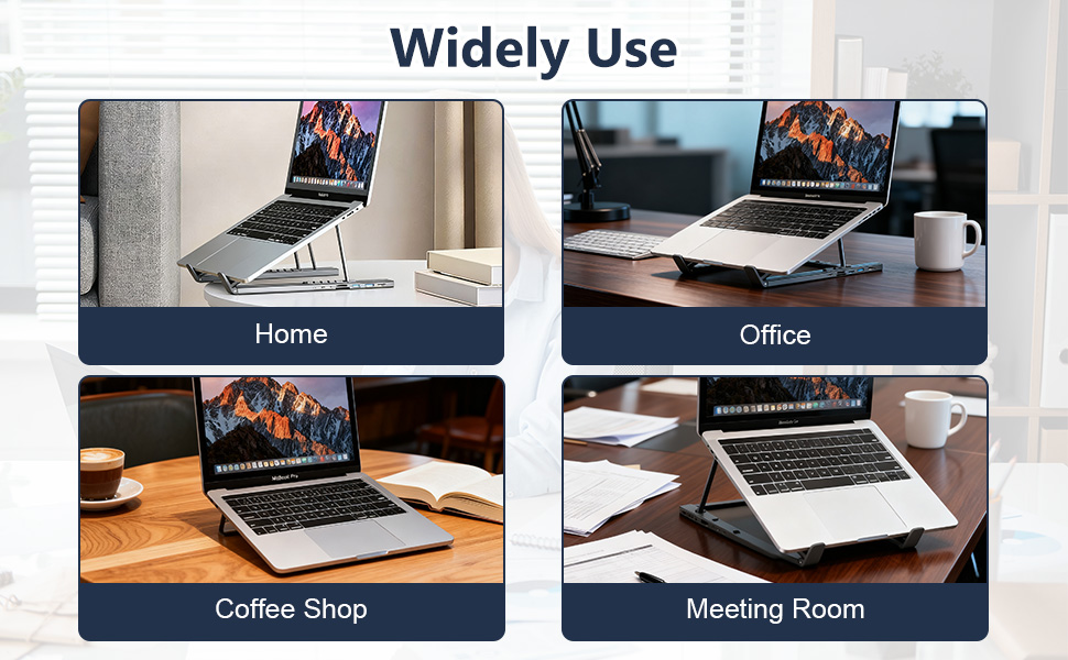 Text reads 'Widely Use', 'Home', 'Office', 'Coffee Shop', 'Meeting Room'. Multiple images showing laptop setups in different environments, demonstrating various usage scenarios.