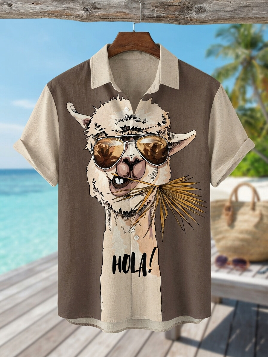 Men's Funny Alpaca With Sunglasses HOLA Art Print Casual Shirt