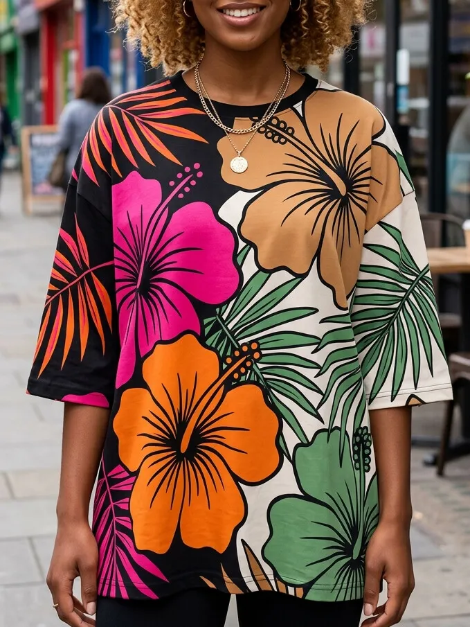 Women's Tropical Floral Art Print Casual T-Shirt