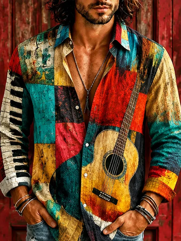 Men's Vintage Patchwork Guitar Piano Music Note Art Print Long Sleeve Shirt