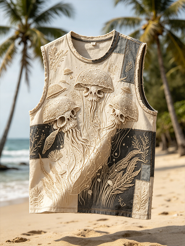 Men's Skull Jellyfish Ocean Coral Patchwork Art Print Tank Top