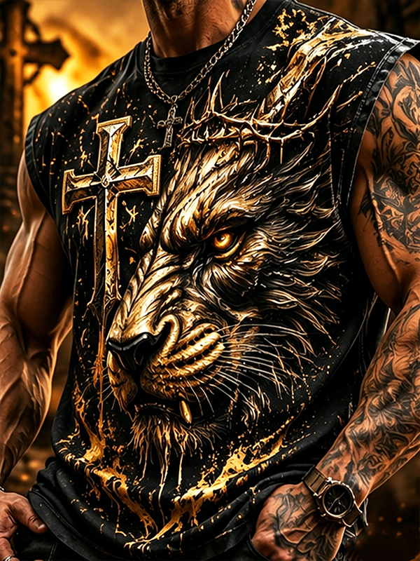 Men's Gold Splatter Lion Crown of Thorns Cross Art Print Tank Top