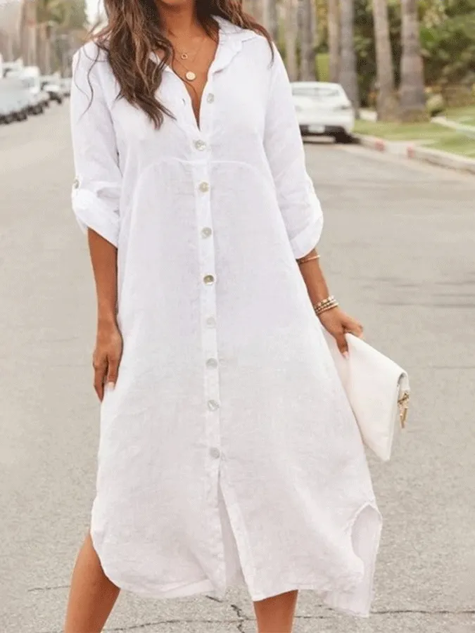 Women'S Casual Cotton Linen Solid Color Dress