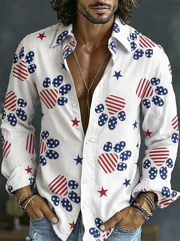 Men's American Flag Paw Print Long Sleeve Shirt