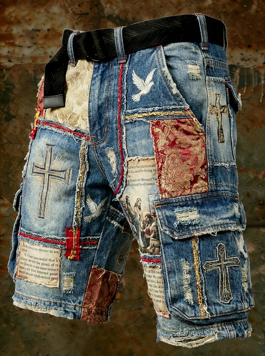Men's Pigeon And Crosses Jesus Print Denim-Like Cargo Shorts