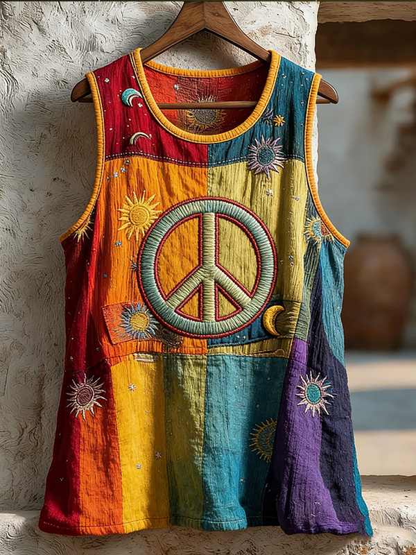 Men's Vintage Boho Peace Sign Patchwork Sun Moon Art Print Tank Top