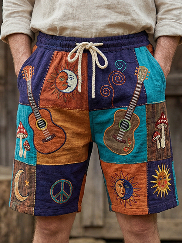 Men's Retro Guitars And Hippie Elements Art Print Casual Shorts
