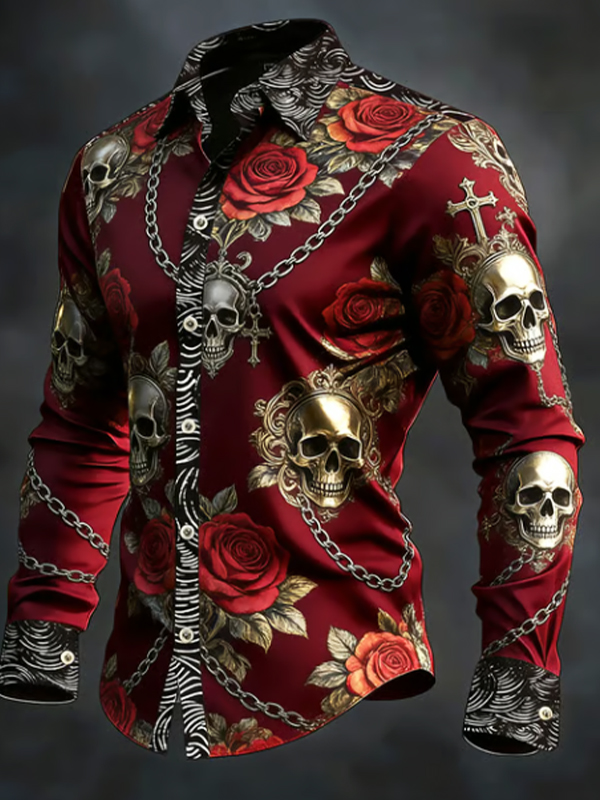 Men's Rose Skull Chain Art Print Long Sleeve Shirt