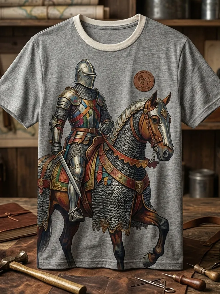 Men's Vintage Medieval Knight In Armor On Horse Art Print T-Shirt