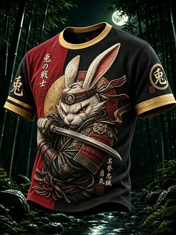 Men's Rabbit Samurai Sword Dance Print T-Shirt