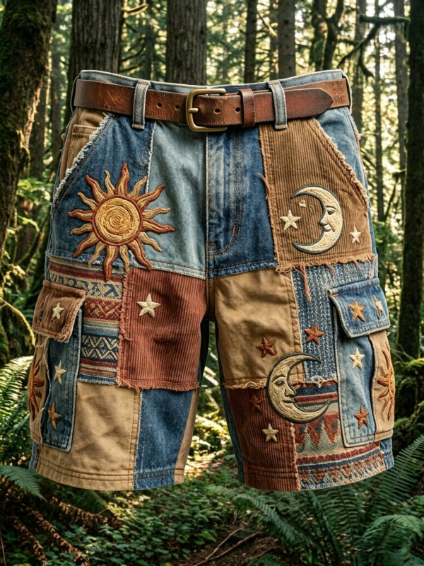 Men's Patchwork Moon Sun Ethnic Patterns Print Casual Shorts