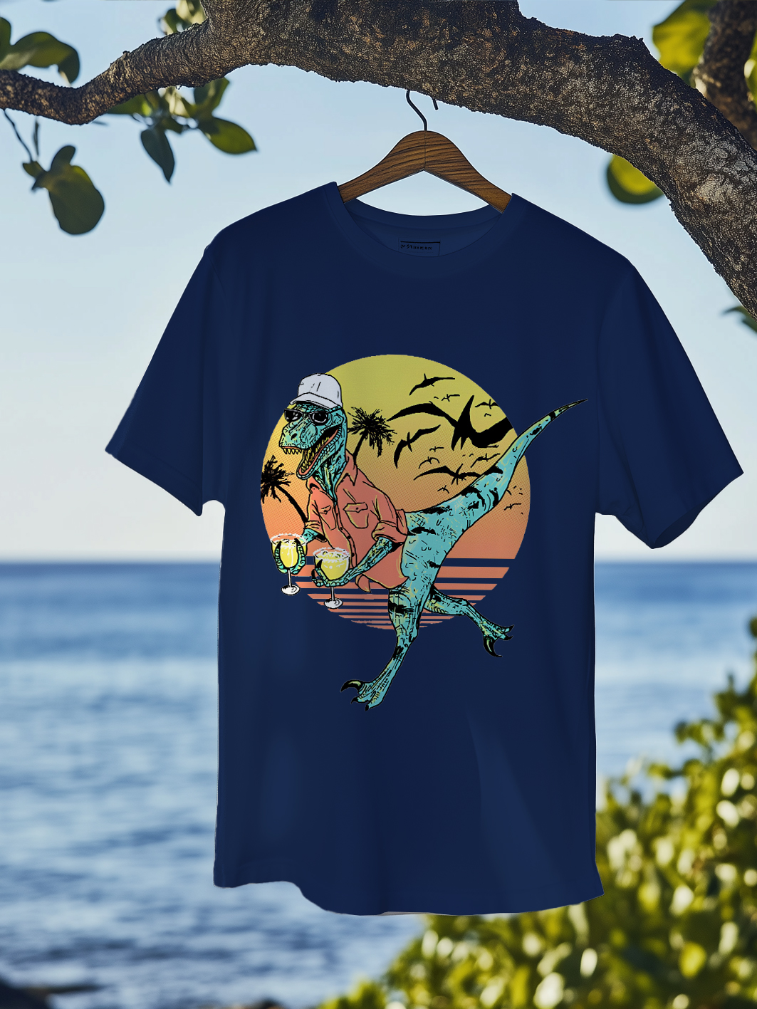 Men's Tropical Dinosaur Cocktail Sunset Print T-Shirt