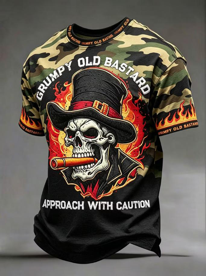 Men's Grumpy Old Bastard Skull Fire Camo Print T-Shirt
