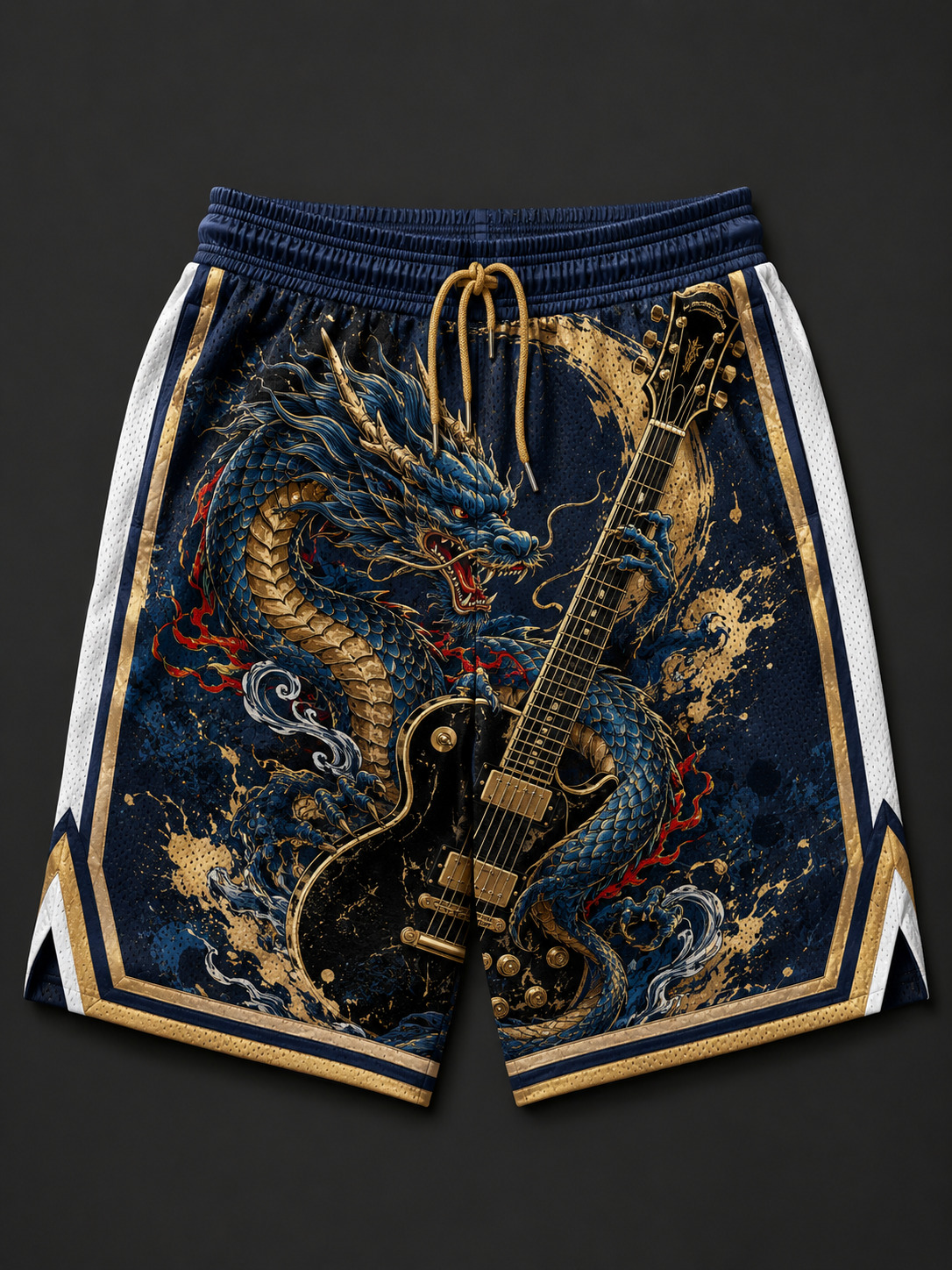 Men's Japanese Art Rock Dragon with Guitar Print Casual Shorts