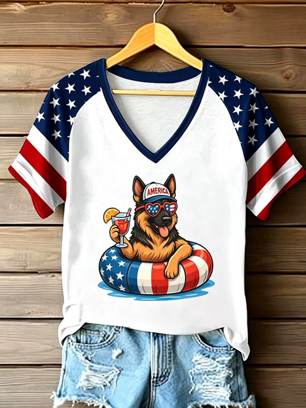 Women's Independence Day Dog Stars and Stripes Print Casual V Neck T-Shirt