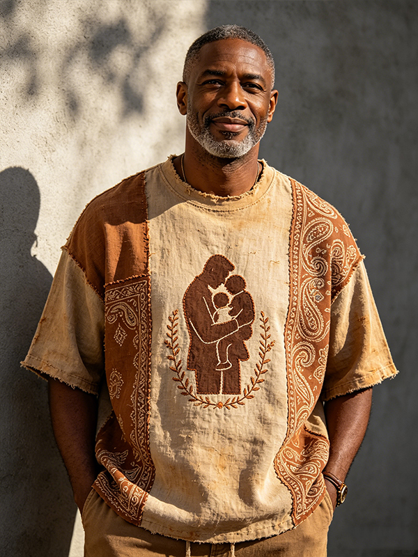 Men's Paisley Patchwork Father And Child Print T-Shirt