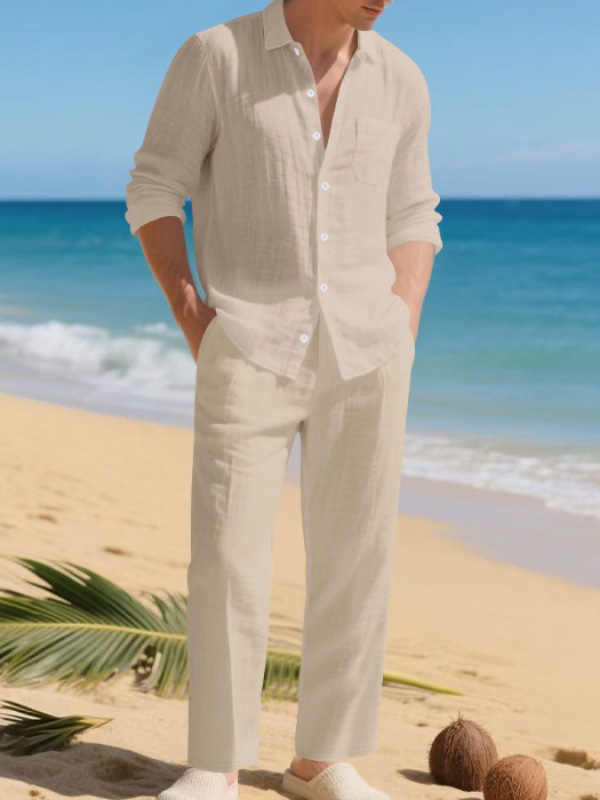 Men's Casual Solid Color Long Sleeve Shirt Straight-Leg Pants 2pcs Set