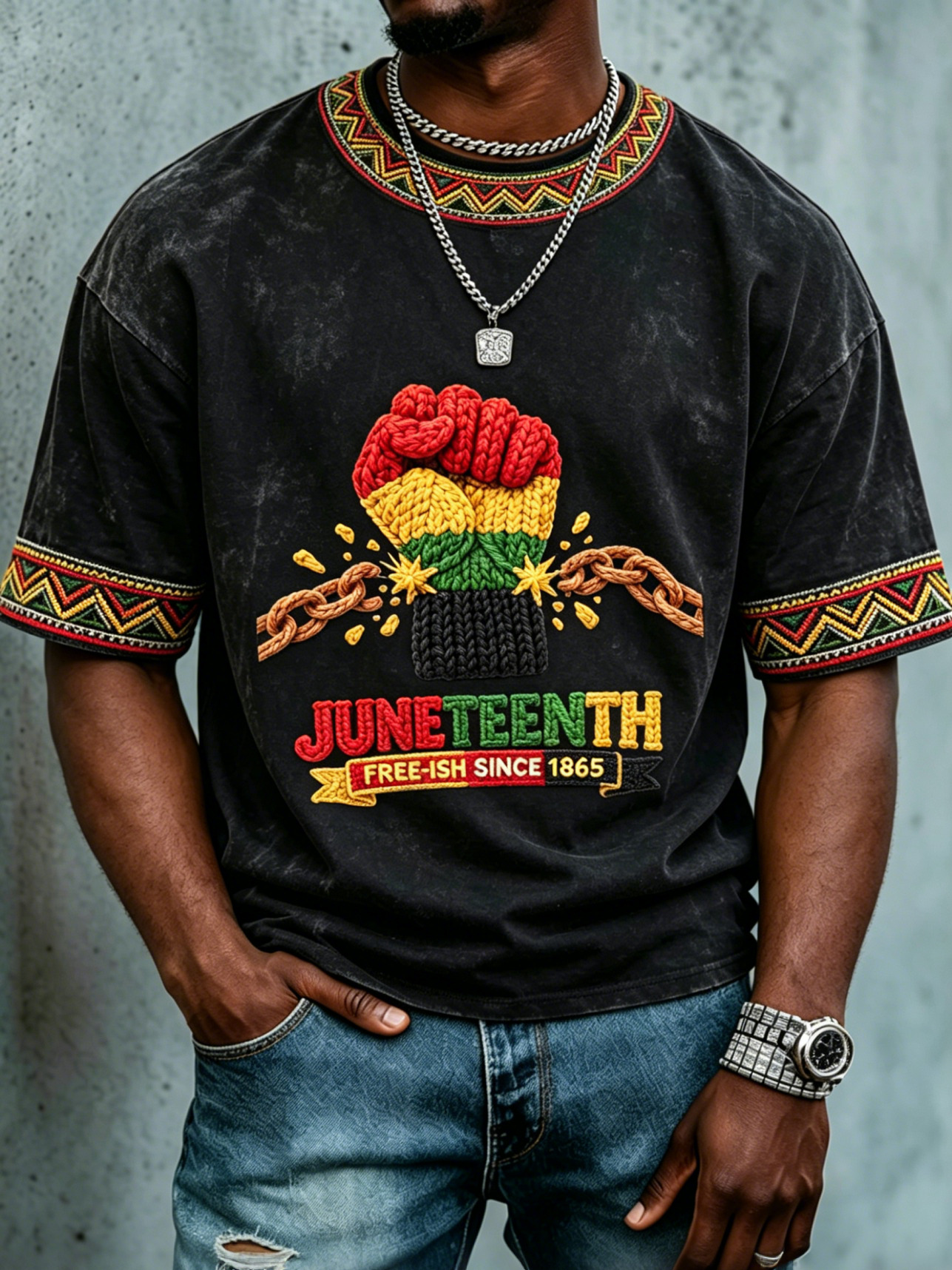 Men's Juneteenth Free-ish Since 1865 Fist Print Casual T-Shirt