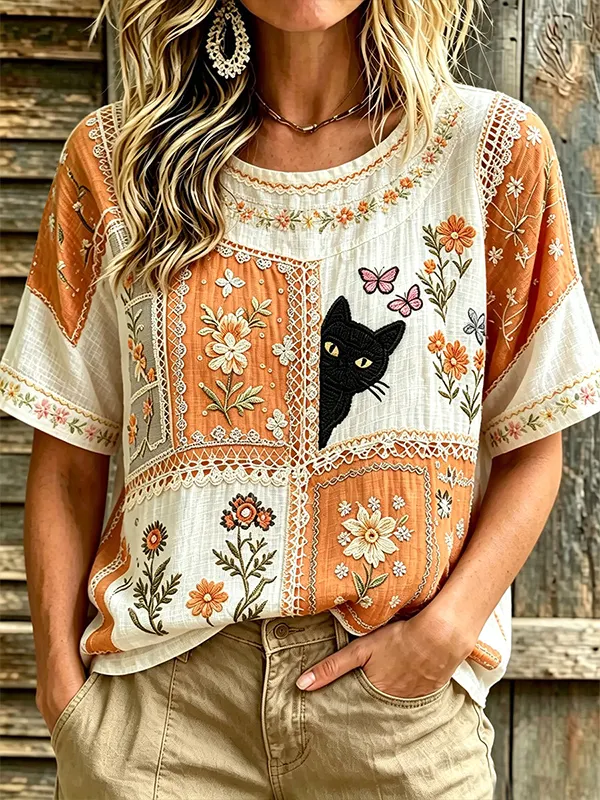Women's Hidden Black Cat and Boho Floral Patchwork Print Casual T-Shirt