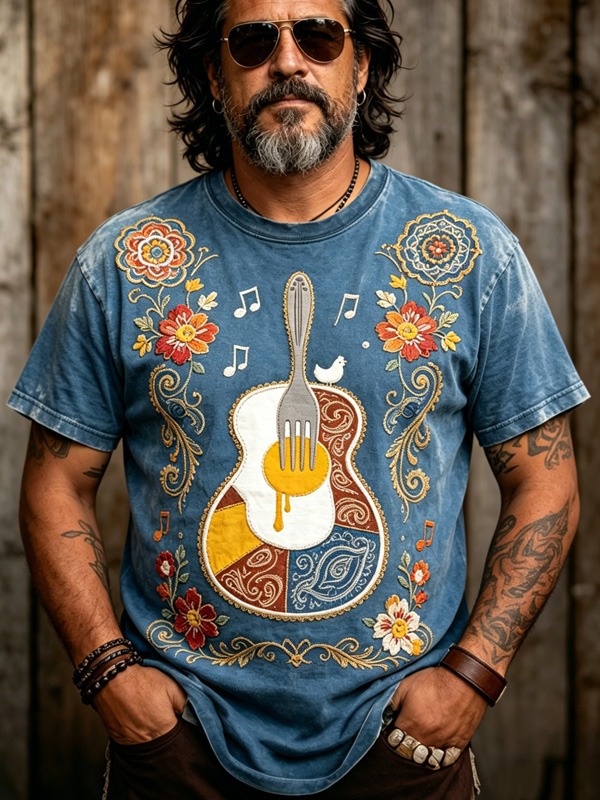 Men's Fork Guitar Floral Art Print T-Shirt