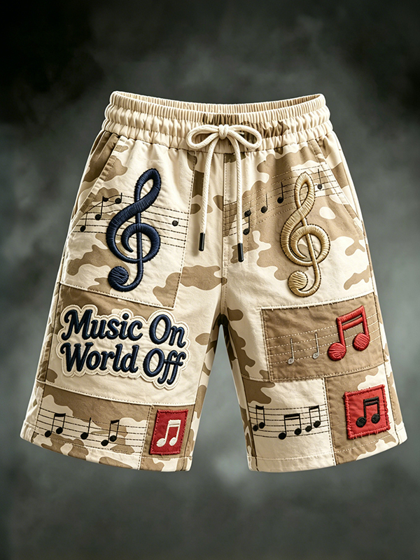 Men's Music On World Off Note Camo Print Casual Shorts