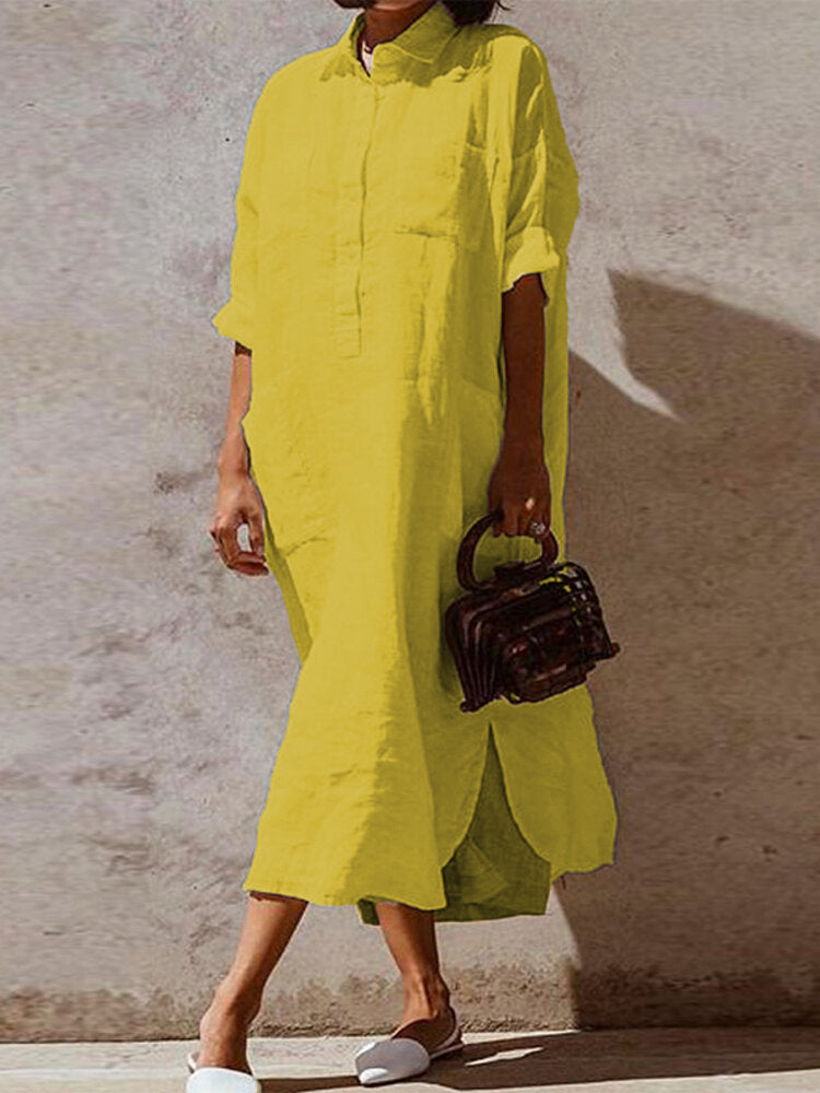 Mono Color Button Lapel Irregular Hem Shirt Women Maxi Dress
