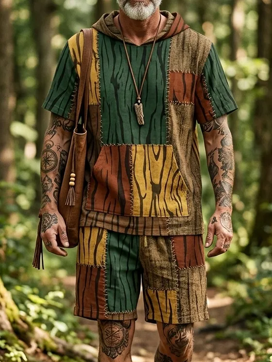 Men's Tree Bark Patchwork Color Block Stitch Art Print Hooded T-Shirt Shorts 2pcs Set