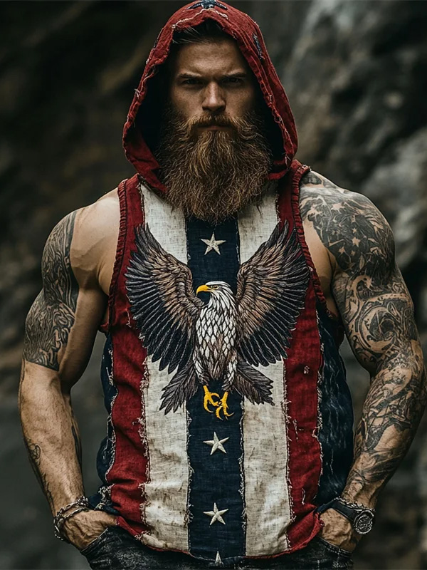 Men's Bald Eagle Stars and Stripes Print Hooded Tank Top