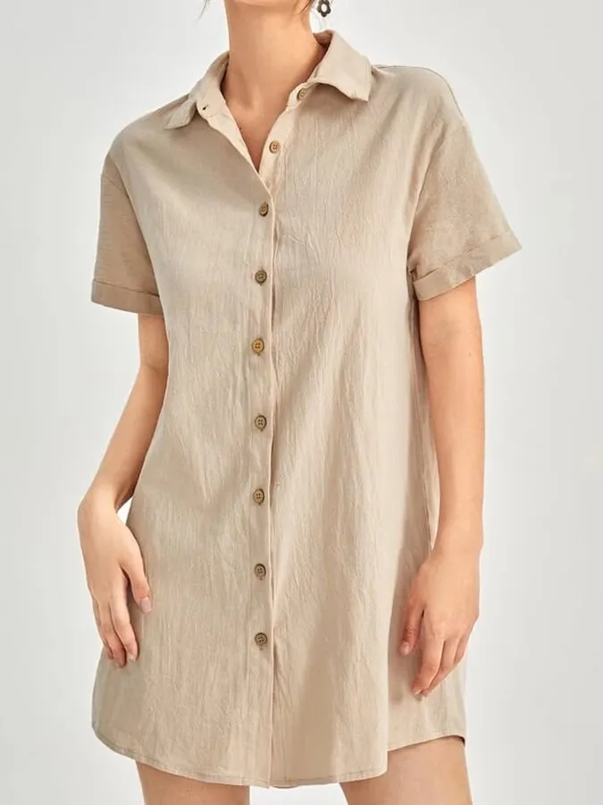 Women's Cotton Linen Lapel Loose Short Sleeve Dress