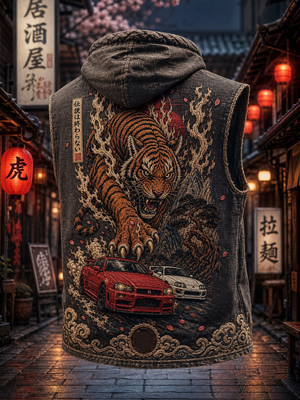 Men's Japanese Tiger Sports Car Art Print Hooded Tank Top