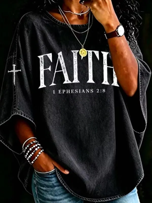 Women's Faith Ephesians 2:8 Nail Cross Art Print Casual T-Shirt